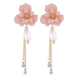 Enamel Flower Beads and Chain Tassel Korean Fashion Alloy Women Shoulder-duster Earrings - Pink