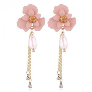 Enamel Flower Beads and Chain Tassel Korean Fashion Alloy Women Shoulder-duster Earrings - Pink