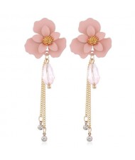 Enamel Flower Beads and Chain Tassel Korean Fashion Alloy Women Shoulder-duster Earrings - Pink