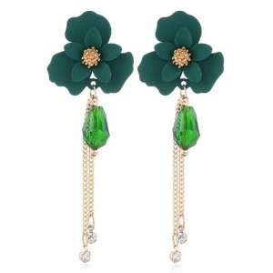 Enamel Flower Beads and Chain Tassel Korean Fashion Alloy Women Shoulder-duster Earrings - Green