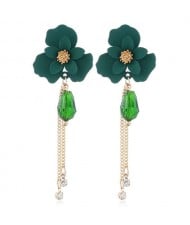 Enamel Flower Beads and Chain Tassel Korean Fashion Alloy Women Shoulder-duster Earrings - Green