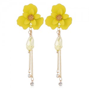 Enamel Flower Beads and Chain Tassel Korean Fashion Alloy Women Shoulder-duster Earrings - Yellow
