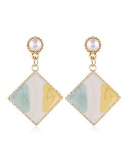 Oil-spot Glazed Dangling Sqaure Korean Pearl Fashion Women Statement Earrings - Green and Yellow