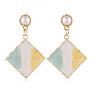 Oil-spot Glazed Dangling Sqaure Korean Pearl Fashion Women Statement Earrings - Green and Yellow