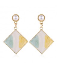 Oil-spot Glazed Dangling Sqaure Korean Pearl Fashion Women Statement Earrings - Green and Yellow