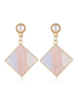 Oil-spot Glazed Dangling Sqaure Korean Pearl Fashion Women Statement Earrings - Pink