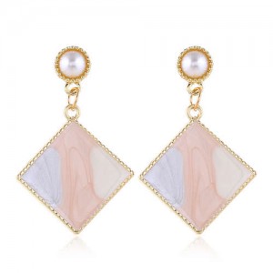 Oil-spot Glazed Dangling Sqaure Korean Pearl Fashion Women Statement Earrings - Pink
