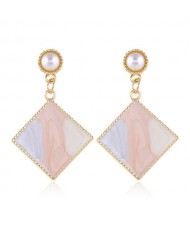 Oil-spot Glazed Dangling Sqaure Korean Pearl Fashion Women Statement Earrings - Pink