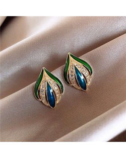 Rhinestone Embellished Enamel Leaf Inspired High Fashion Women Earrings