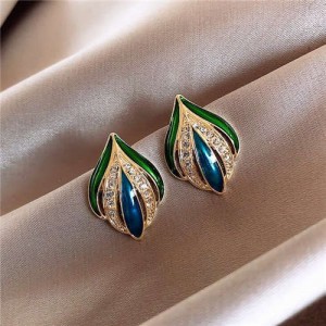 Rhinestone Embellished Enamel Leaf Inspired High Fashion Women Earrings