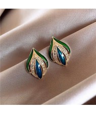 Rhinestone Embellished Enamel Leaf Inspired High Fashion Women Earrings