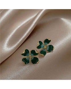 Enamel Flower Design Korean Romantic Fashion Women Alloy Earrings - Green