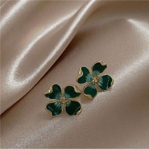 Enamel Flower Design Korean Romantic Fashion Women Alloy Earrings - Green