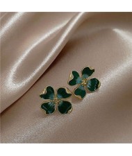 Enamel Flower Design Korean Romantic Fashion Women Alloy Earrings - Green