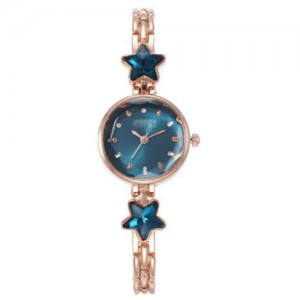 Lucky Stars Decorated Elegant Fashion Index Design Slim Style Women Wrist Watch - Blue