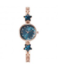 Lucky Stars Decorated Elegant Fashion Index Design Slim Style Women Wrist Watch - Blue