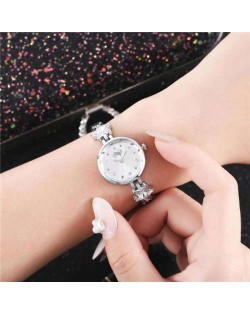Lucky Stars Decorated Elegant Fashion White Index Design Slim Style Women Wrist Watch - Silver