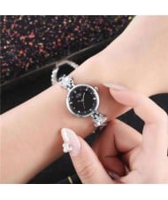 Lucky Stars Decorated Elegant Fashion Black Index Design Slim Style Women Wrist Watch - Silver