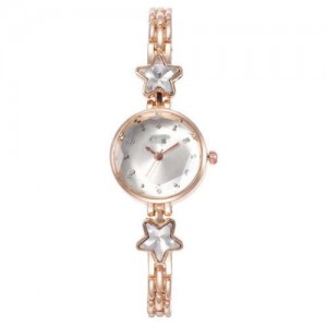 Lucky Stars Decorated Elegant Fashion White Index Design Slim Style Women Wrist Watch - Rose Gold