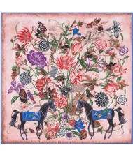 7 Colors Available Horses and Flowers Abstract Fashion 130*130 cm Artificial Silk Square Women Scarf