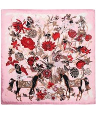 7 Colors Available Horses and Flowers Abstract Fashion 130*130 cm Artificial Silk Square Women Scarf