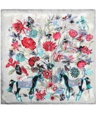 7 Colors Available Horses and Flowers Abstract Fashion 130*130 cm Artificial Silk Square Women Scarf