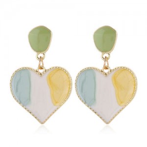 Korean Fashion Enamel Heart Design Graceful Style Women Costume Earrings - Green and Yellow
