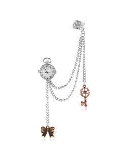 Clock and Tassel Chain with Bowknot and Key Pendants Design Vintage Fashion Singular Ear Clip