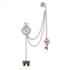 Clock and Tassel Chain with Bowknot and Key Pendants Design Vintage Fashion Singular Ear Clip