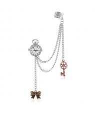 Clock and Tassel Chain with Bowknot and Key Pendants Design Vintage Fashion Singular Ear Clip
