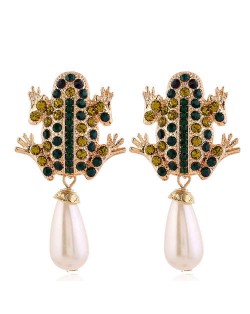 Glistening Rhinestone Embellished Frog Design Dangling Pearl Fashion Women Statement Earrings