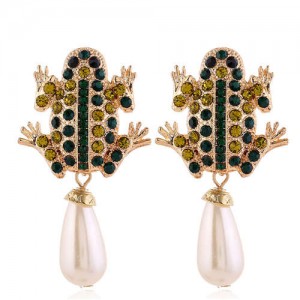 Glistening Rhinestone Embellished Frog Design Dangling Pearl Fashion Women Statement Earrings