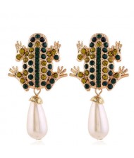 Glistening Rhinestone Embellished Frog Design Dangling Pearl Fashion Women Statement Earrings