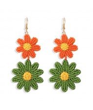 Mini Beads Dangling Dual Daisy Design High Fashion Women Shoulder-duster Earrings - Orange and Green