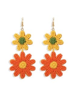 Mini Beads Dangling Dual Daisy Design High Fashion Women Shoulder-duster Earrings - Yellow and Orange