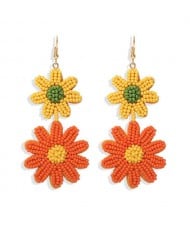 Mini Beads Dangling Dual Daisy Design High Fashion Women Shoulder-duster Earrings - Yellow and Orange