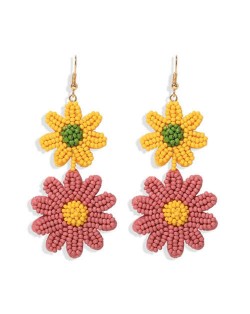 Mini Beads Dangling Dual Daisy Design High Fashion Women Shoulder-duster Earrings - Yellow and Pink