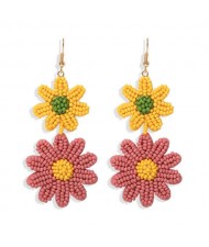 Mini Beads Dangling Dual Daisy Design High Fashion Women Shoulder-duster Earrings - Yellow and Pink