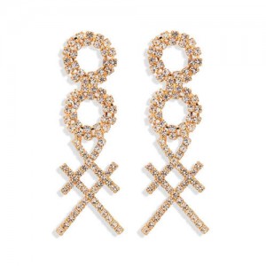 Rhinestone Geometric Combo Design High Fashion Women Shoulder-duster Earrings - Golden