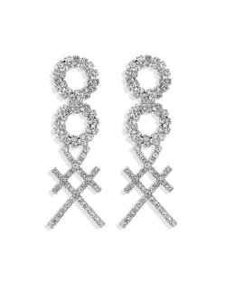 Rhinestone Geometric Combo Design High Fashion Women Shoulder-duster Earrings - Silver