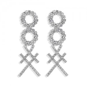 Rhinestone Geometric Combo Design High Fashion Women Shoulder-duster Earrings - Silver