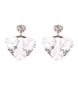 Cloth Flowers Decorated Large Hoop Design Alloy Shoulder-duster High Fashion Women Statement Earrings - White