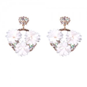 Cloth Flowers Decorated Large Hoop Design Alloy Shoulder-duster High Fashion Women Statement Earrings - White