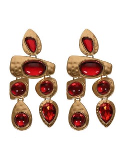 Gem Inlaid Irregular Shape Folk Style High Fashion Women Alloy Earrings - Red