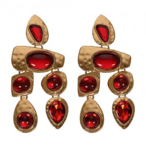 Gem Inlaid Irregular Shape Folk Style High Fashion Women Alloy Earrings - Red