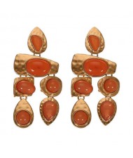 Gem Inlaid Irregular Shape Folk Style High Fashion Women Alloy Earrings - Orange