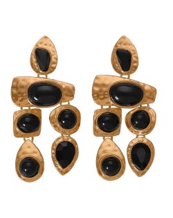 Gem Inlaid Irregular Shape Folk Style High Fashion Women Alloy Earrings - Black