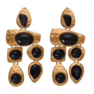 Gem Inlaid Irregular Shape Folk Style High Fashion Women Alloy Earrings - Black