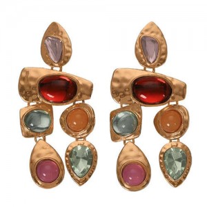 Gem Inlaid Irregular Shape Folk Style High Fashion Women Alloy Earrings - Multicolor