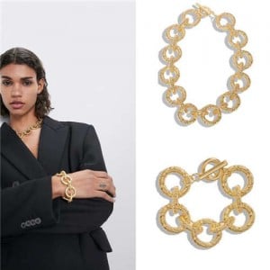 Hip Pop Fashion Golden Hoop Chain Design Chunky Alloy Necklace and Bracelet Jewelry Set